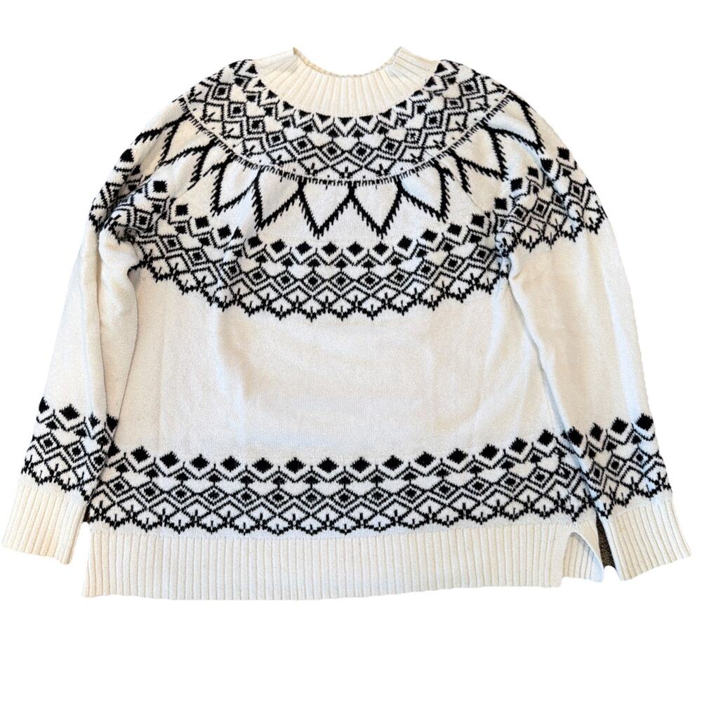 Loft Women’s Fair Isle Sweater Large Black And White Aztec Mock Neck Western